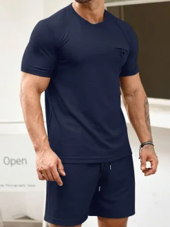 Mens Two Pieces Waffle Top Shorts Set