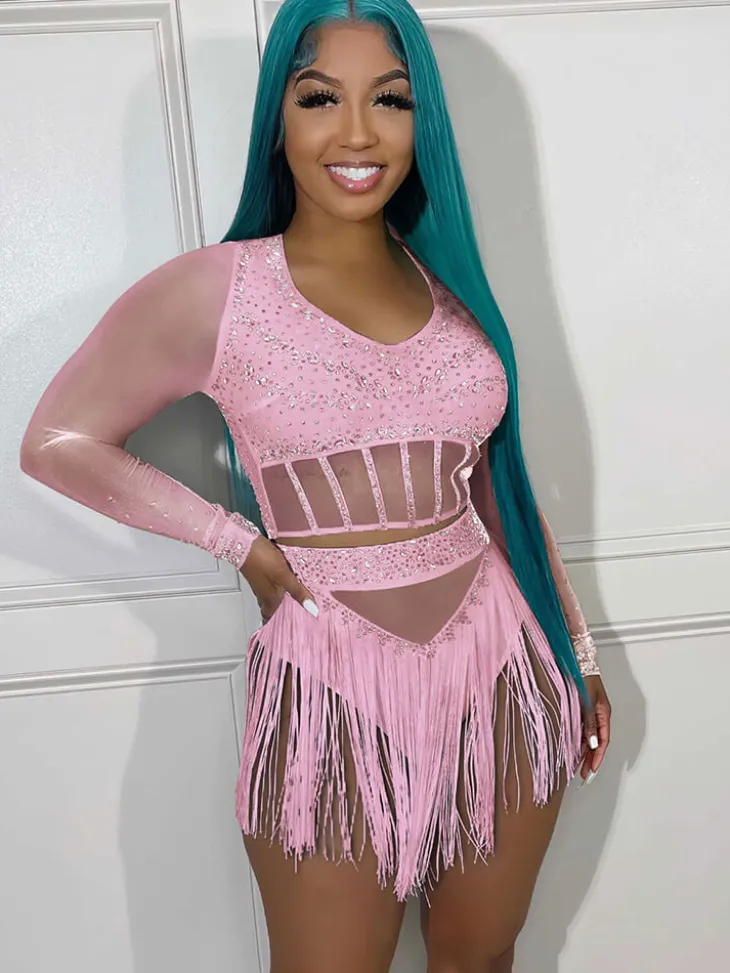 Mesh Long Sleeve Rhinestone Top Tassel Shorts