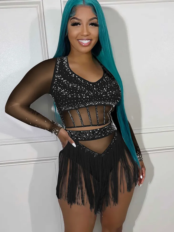 Mesh Long Sleeve Rhinestone Top Tassel Shorts