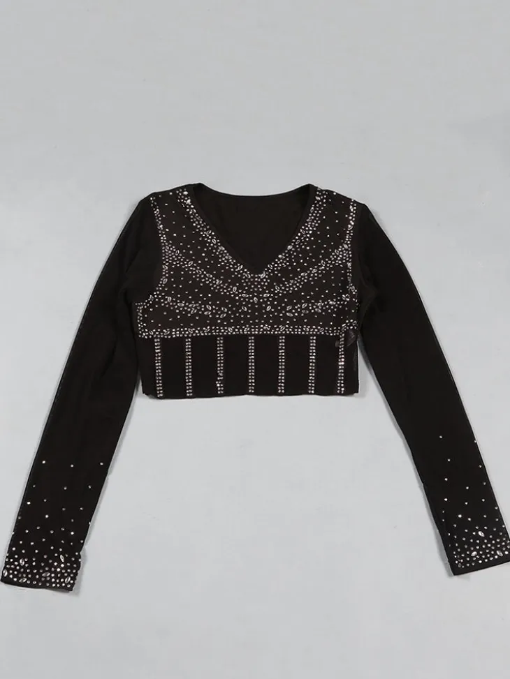 Mesh Long Sleeve Rhinestone Top Tassel Shorts