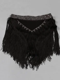 Mesh Long Sleeve Rhinestone Top Tassel Shorts