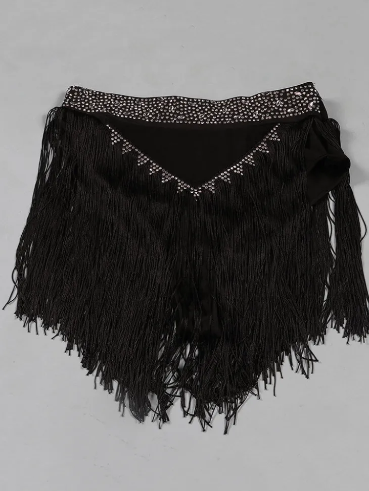 Mesh Long Sleeve Rhinestone Top Tassel Shorts