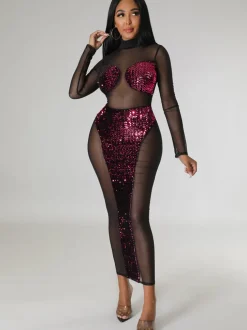 Mesh Sequin Patchwork Long Sleeve Midi Dress