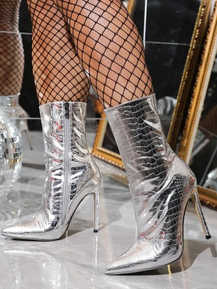 Metallic Pointed Toe Stiletto Ankle Boots