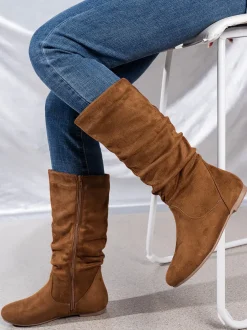 Mid-Calf Side Zipper Ruched Flat Boots