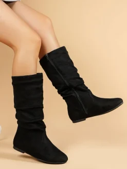 Mid-Calf Side Zipper Ruched Flat Boots
