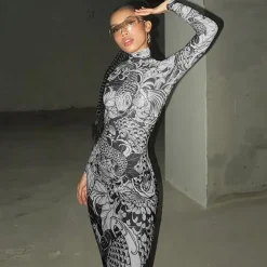 Mock Neck Mesh Print Maxi Dress