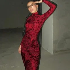 Mock Neck Mesh Print Maxi Dress