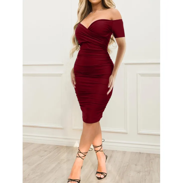 NEW Off Shoulder Ruched Short Sleeve Bodycon Dress