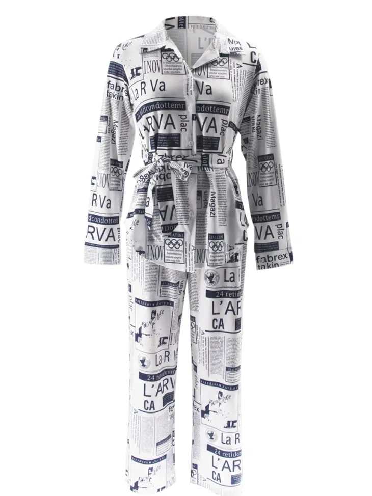 Newspaper Print Blazer Belted Pants Set