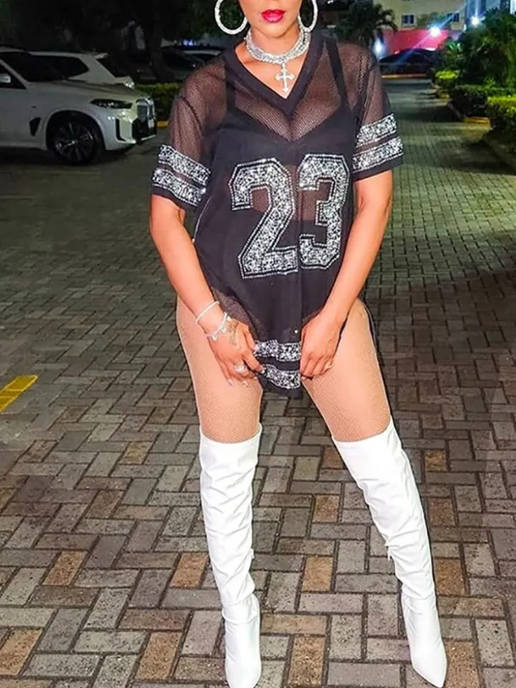 Number Graphic Rhinestone Mesh T-Shirt Dress