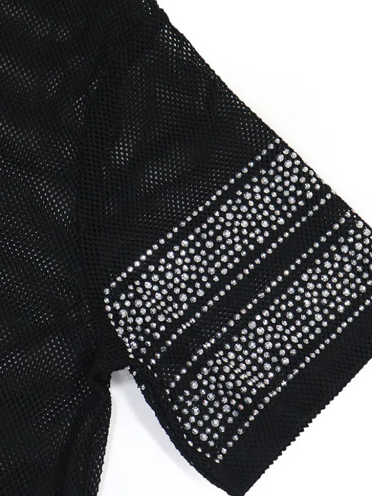 Number Graphic Rhinestone Mesh T-Shirt Dress