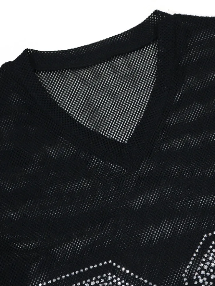 Number Graphic Rhinestone Mesh T-Shirt Dress