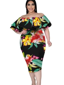 Off Shoulder Floral Print Bodycon Midi Dress