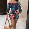 Off Shoulder Floral Rainbow Short Jumpsuit