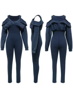 Off Shoulder Long Sleeve Ribbed Jumpsuit
