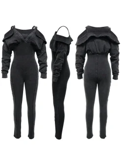 Off Shoulder Long Sleeve Ribbed Jumpsuit