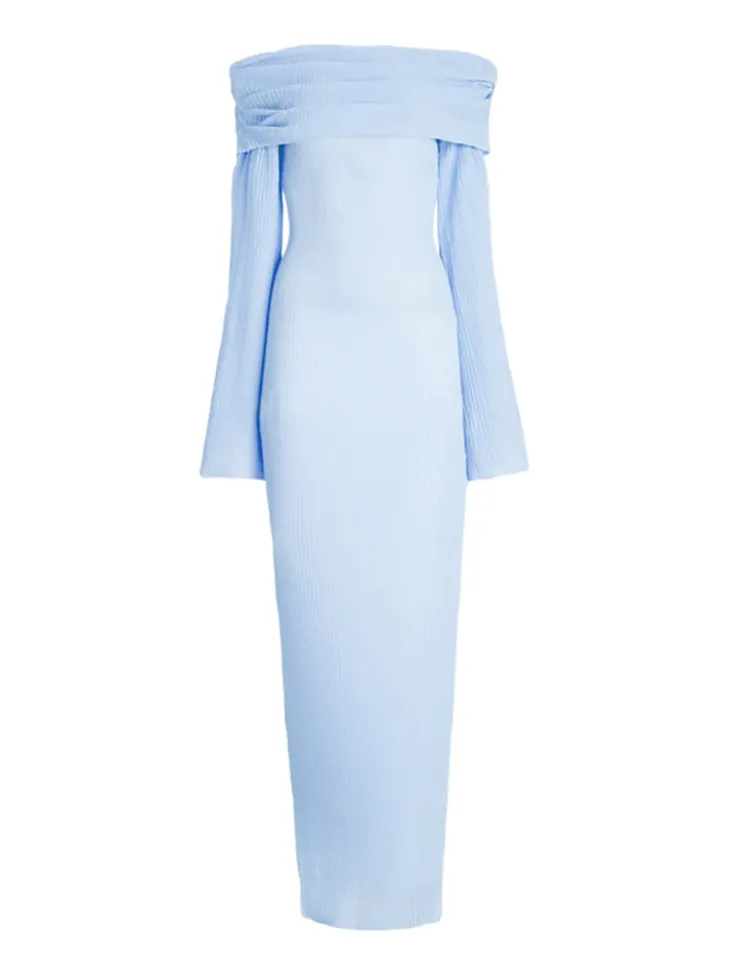 Off Shoulder Ribbed Knit Maxi Dress