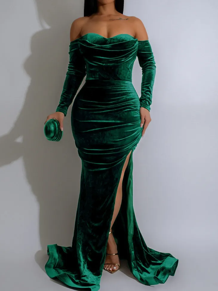 Off Shoulder Velvet Split Maxi Dress