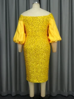Off-Shoulder Puff Sleeves Sequin Midi Dress