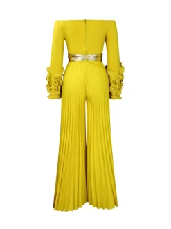 Off-Shoulder Ruffle Pleated Wide Leg Jumpsuit