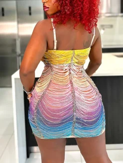 Ombre Color Tassel Rhinestone Mini Dress