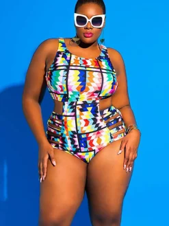 One Piece Hollow Out Geometric Print Swimsuit