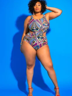 One Piece Hollow Out Geometric Print Swimsuit