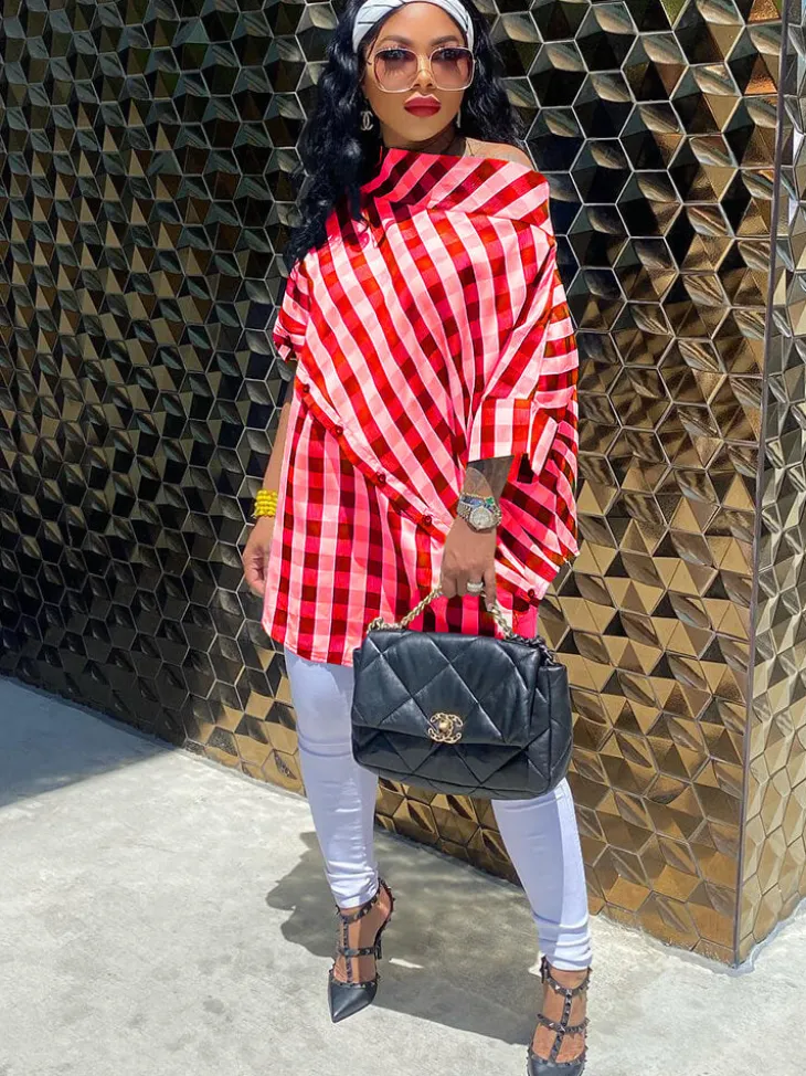 One Shoulder Plaid Print Bodycon Top