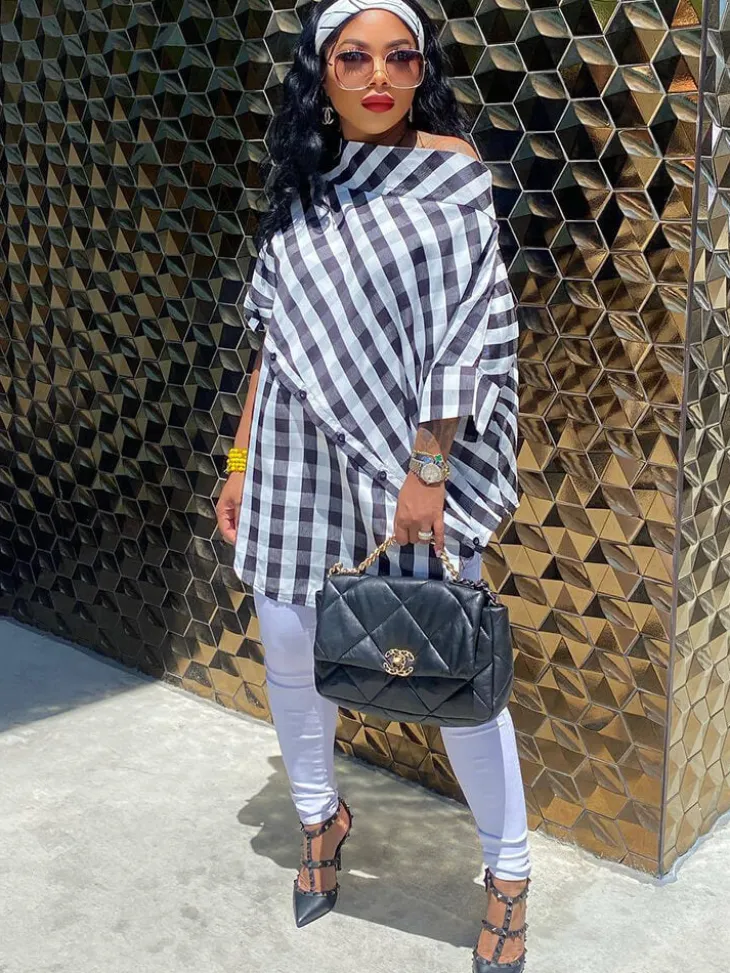 One Shoulder Plaid Print Bodycon Top