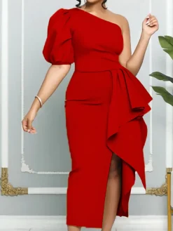 One Shoulder Puff Sleeve Ruffle Slit Dress