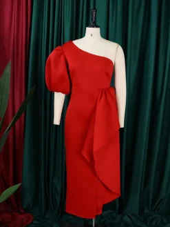 One Shoulder Puff Sleeve Ruffle Slit Dress