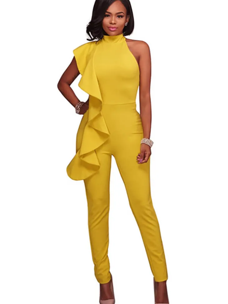 One Shoulder Sleeveless Ruffle Bodycon Jumpsuit