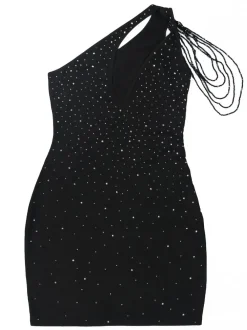 One-Shoulder Rhinestone Cutout Mini Dress