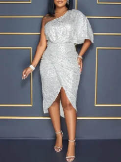 One-Shoulder Sequin Wrap Midi Dress