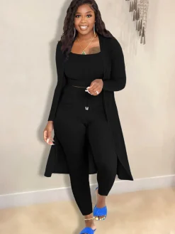Open Front Cardigan Long Pants Three Piece Outfits