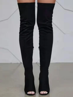 Open-Toe Side Zipper Suede Knee-High Boots