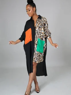 Oversize Irregular Leopard Print Patchwork Shirt Dress