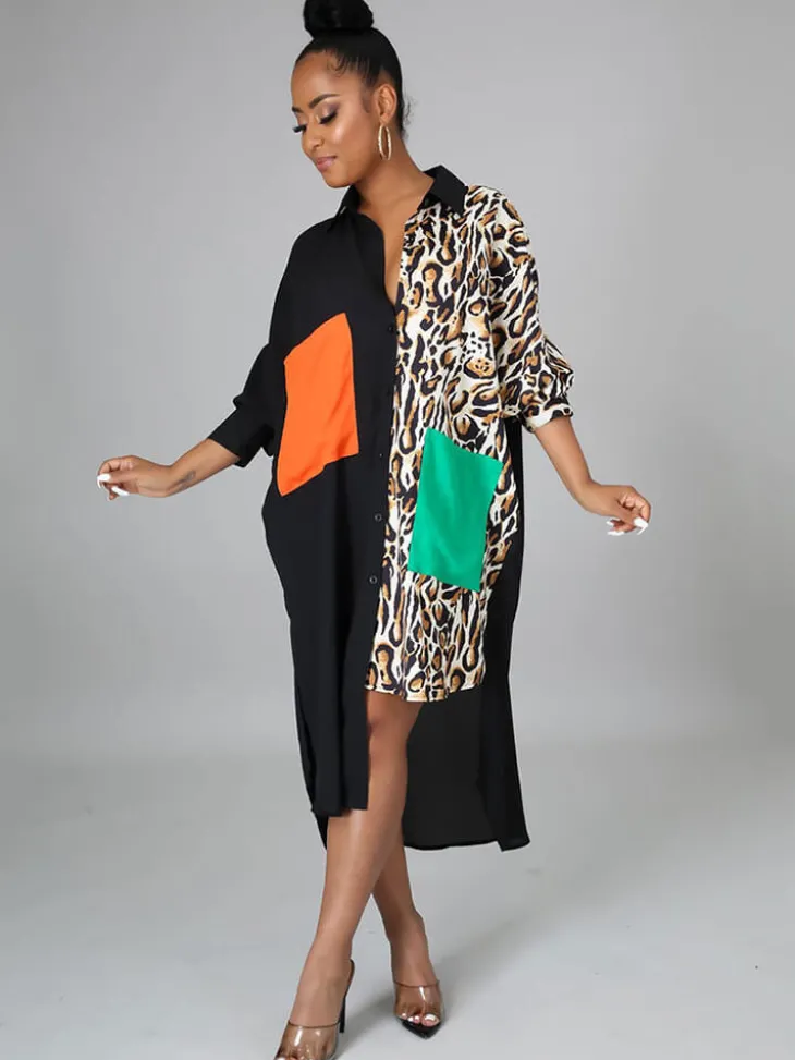 Oversize Irregular Leopard Print Patchwork Shirt Dress