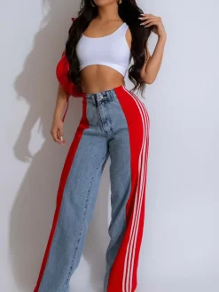 Patchwork Stripe Wide Leg Denim Pants