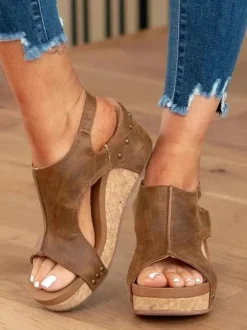 Peep Toe Studded Wedge Roman Sandal