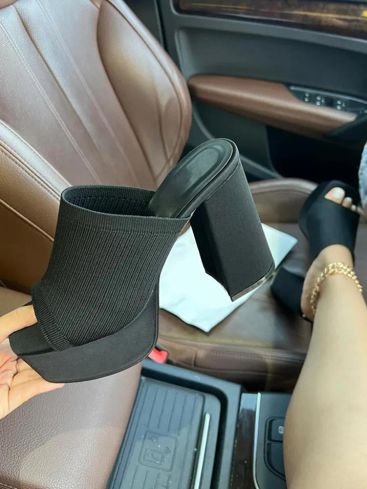 Peep-Toe Knit Platform Heels Slides