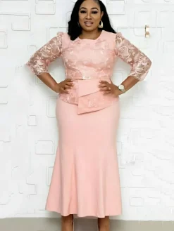 Plus Size Asymmetrical Mesh Lace Patchwork Long Dress