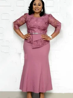 Plus Size Asymmetrical Mesh Lace Patchwork Long Dress