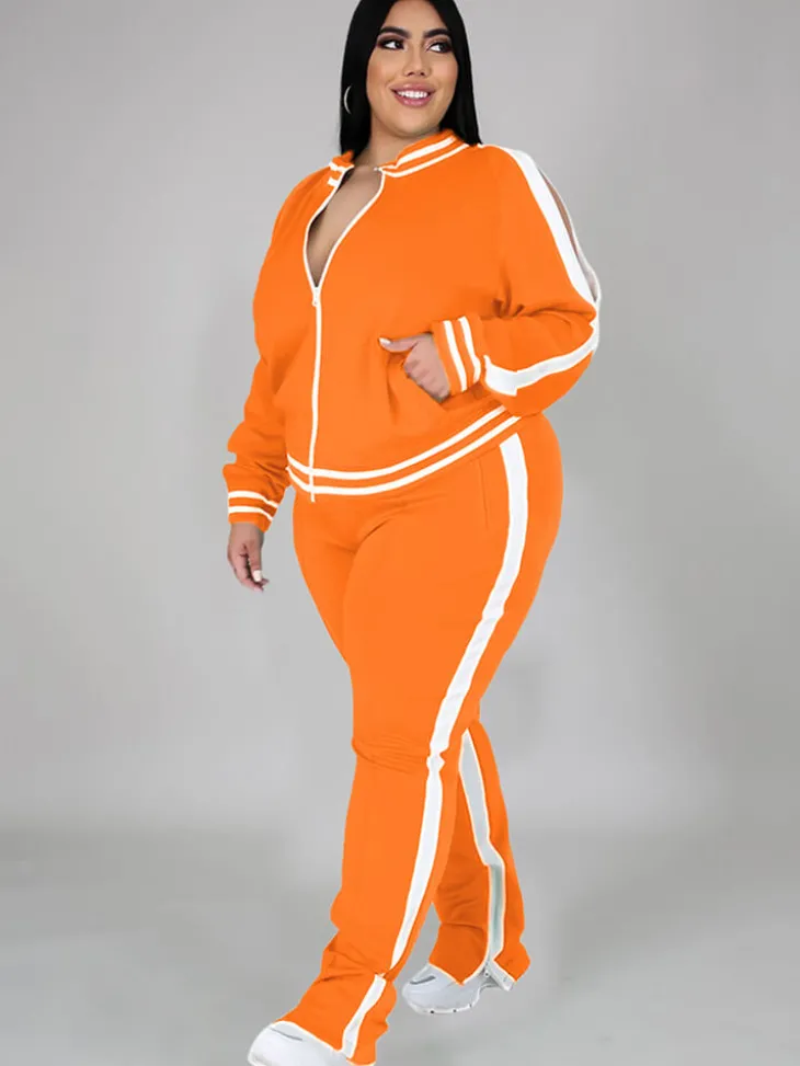 Plus Size Cold Shoulder Jacket Pants Set