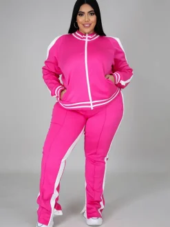 Plus Size Cold Shoulder Jacket Pants Set
