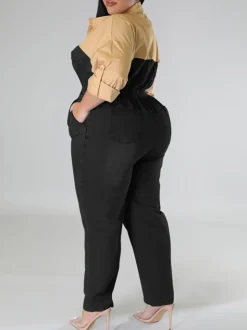 Plus Size Color Block Denim Jumpsuit