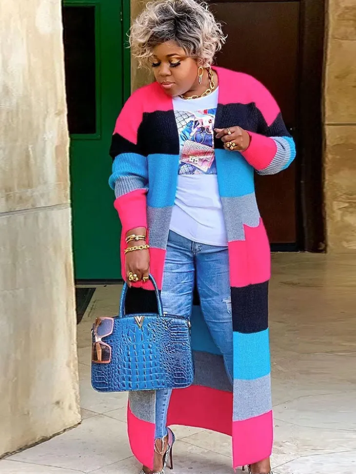 Plus Size Color Block Long Sleeve Sweater Cardigan