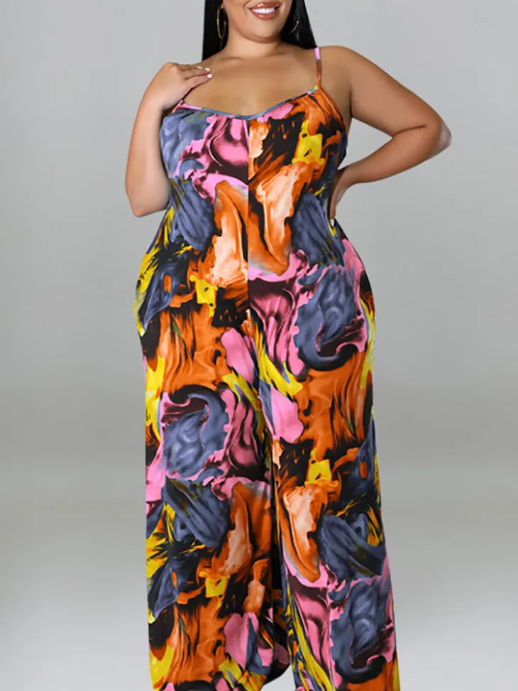 Plus Size Floral Print Strap Jumpsuit with Belt