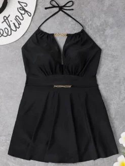 Plus Size Halter Chian Backless Swimsuit